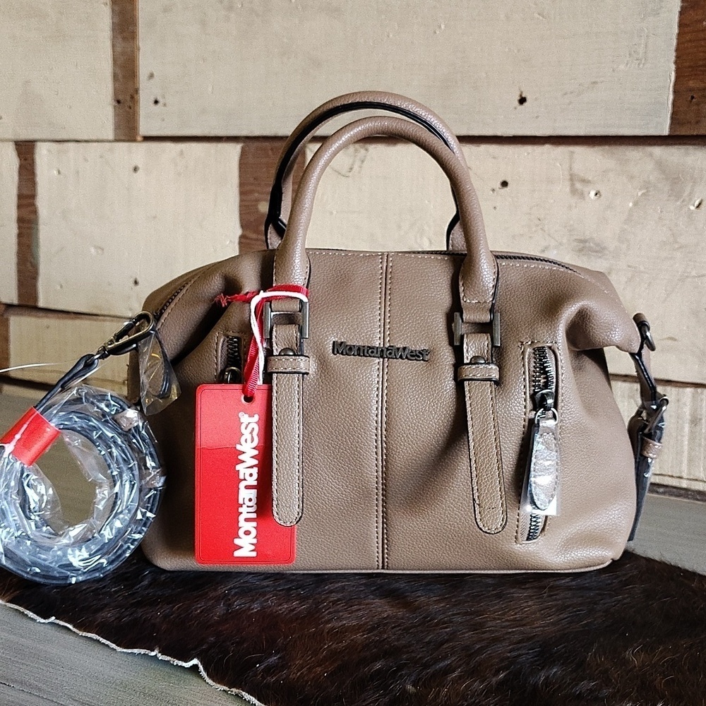 Montana West satchel crossbody bag beige zip lop double handle PU leather pocket
